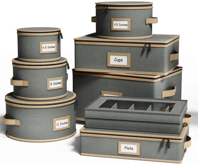 Main image of Hard Shell China Storage Containers 8 Piece Set for Storing Dinner Plates, Salad Plates, Mugs, Quilted Dividers for Safe Moving and Seasonal Storage, Grey