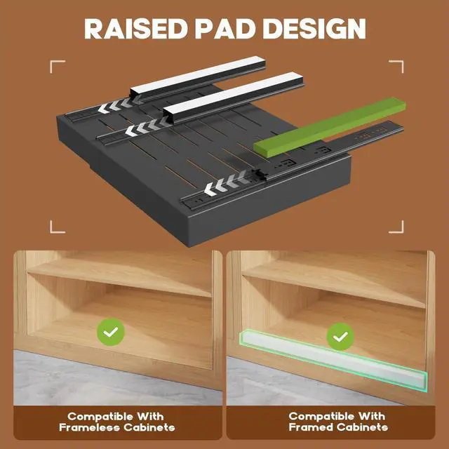 Alt view image 2 of 7 - 2 Pack Expandable (15.1"-26.3") Pull Out Cabinet Organizer 21" Deep With Raising Pad for Framed Cabinets,Upgrade 3 Slide Rails Slide Out Drawers,No Drill Roll Out Shelves Adhesive,Black