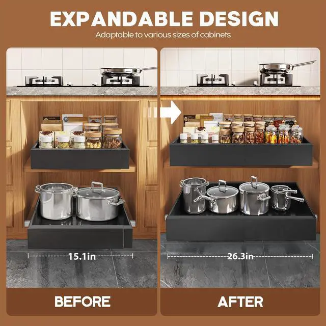Alt view image 4 of 7 - 2 Pack Expandable (15.1"-26.3") Pull Out Cabinet Organizer 21" Deep With Raising Pad for Framed Cabinets,Upgrade 3 Slide Rails Slide Out Drawers,No Drill Roll Out Shelves Adhesive,Black
