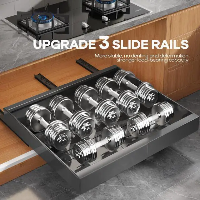 Alt view image 5 of 7 - 2 Pack Expandable (15.1"-26.3") Pull Out Cabinet Organizer 21" Deep With Raising Pad for Framed Cabinets,Upgrade 3 Slide Rails Slide Out Drawers,No Drill Roll Out Shelves Adhesive,Black
