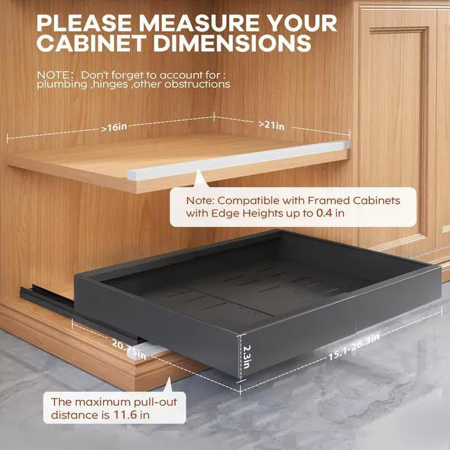Alt view image 3 of 7 - 2 Pack Expandable (15.1"-26.3") Pull Out Cabinet Organizer 21" Deep With Raising Pad for Framed Cabinets,Upgrade 3 Slide Rails Slide Out Drawers,No Drill Roll Out Shelves Adhesive,Black