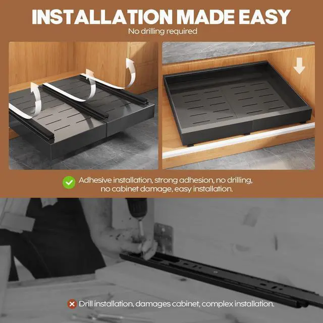 Alt view image 6 of 7 - 2 Pack Expandable (15.1"-26.3") Pull Out Cabinet Organizer 21" Deep With Raising Pad for Framed Cabinets,Upgrade 3 Slide Rails Slide Out Drawers,No Drill Roll Out Shelves Adhesive,Black