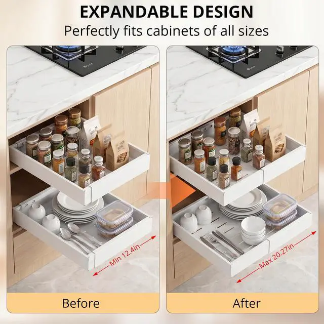 Alt view image 2 of 7 - 4 Pack Pull Out Cabinet Organizers Expandable Width (12.4''-20.27''), Upgrade 3 Slide Rails Sliding Drawer for Kitchen Cabinet Organizer with Adhesive Nano Film, White