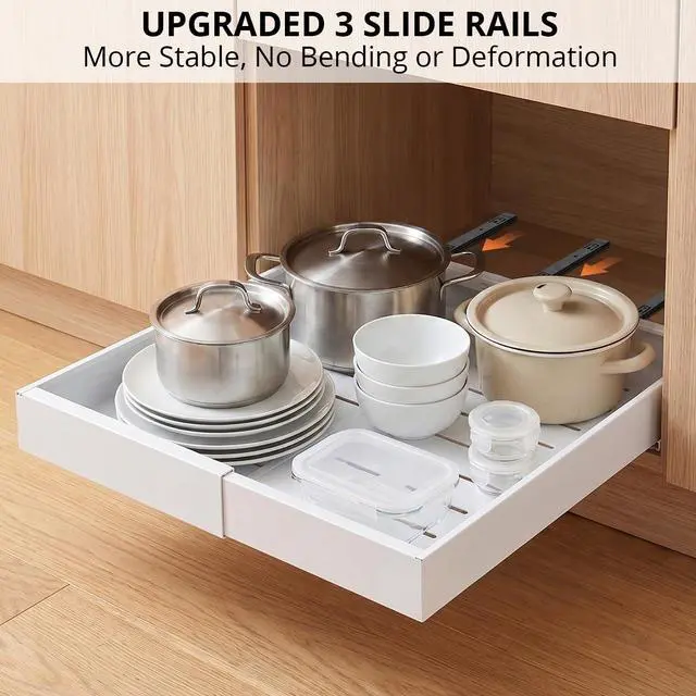 Alt view image 5 of 7 - 4 Pack Pull Out Cabinet Organizers Expandable Width (12.4''-20.27''), Upgrade 3 Slide Rails Sliding Drawer for Kitchen Cabinet Organizer with Adhesive Nano Film, White
