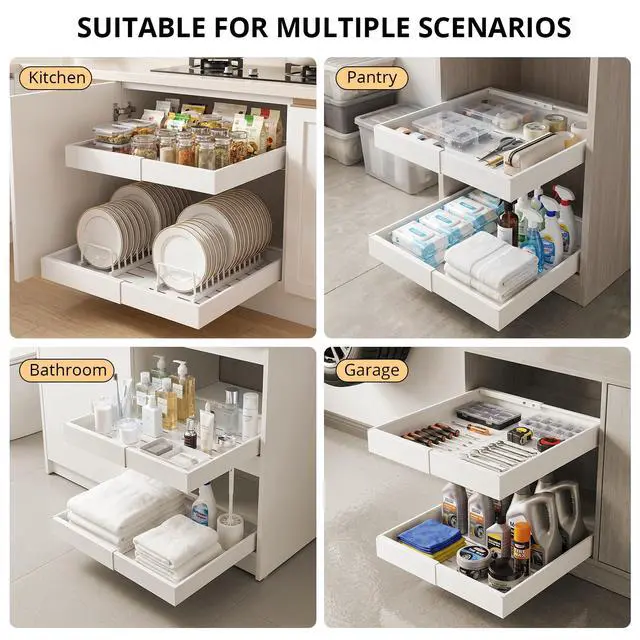 Alt view image 6 of 7 - 4 Pack Pull Out Cabinet Organizers Expandable Width (12.4''-20.27''), Upgrade 3 Slide Rails Sliding Drawer for Kitchen Cabinet Organizer with Adhesive Nano Film, White