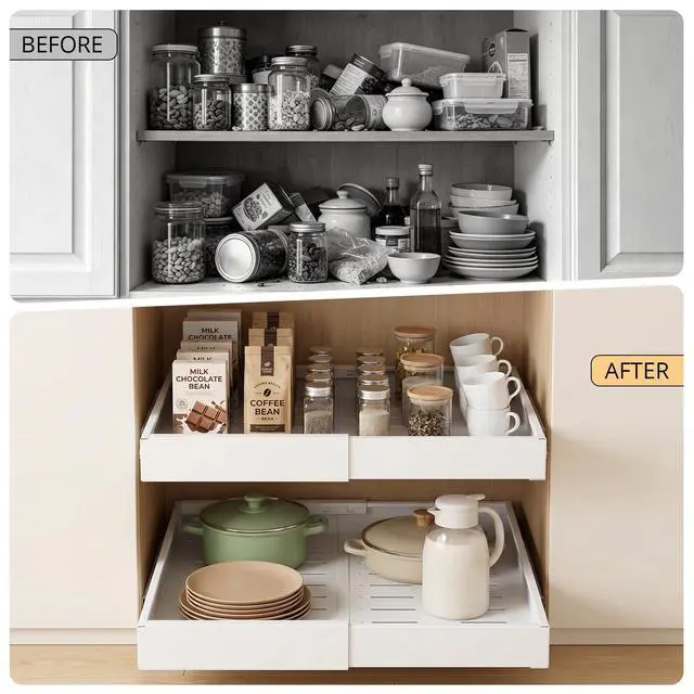 Alt view image 4 of 7 - 4 Pack Pull Out Cabinet Organizers Expandable Width (12.4''-20.27''), Upgrade 3 Slide Rails Sliding Drawer for Kitchen Cabinet Organizer with Adhesive Nano Film, White