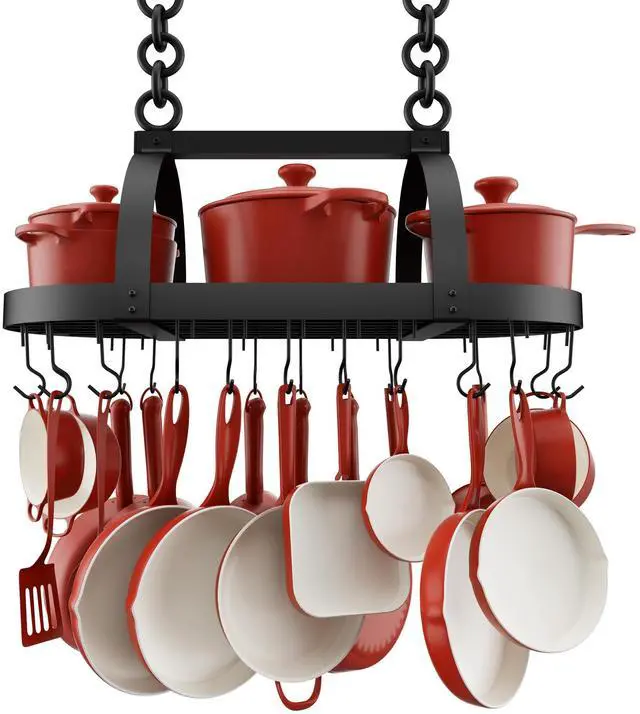 Main image of Ceiling Pot Rack 34-Inch Hanging Pot Rack for Kitchen Oval Pot and Pan Rack Matte Black Pot Hanger with 20 S Hooks (For 16" and 24" Joist), KUR221S85-BK