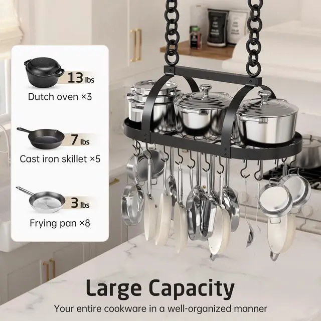 Alt view image 2 of 7 - Ceiling Pot Rack 34-Inch Hanging Pot Rack for Kitchen Oval Pot and Pan Rack Matte Black Pot Hanger with 20 S Hooks (For 16" and 24" Joist), KUR221S85-BK