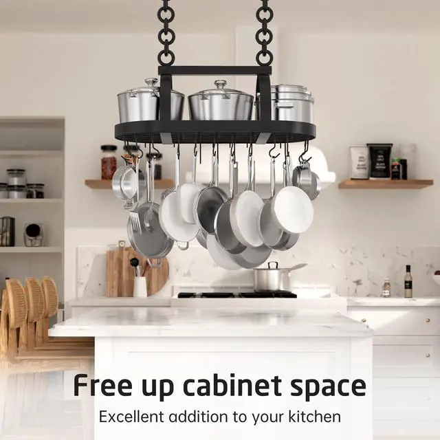 Alt view image 5 of 7 - Ceiling Pot Rack 34-Inch Hanging Pot Rack for Kitchen Oval Pot and Pan Rack Matte Black Pot Hanger with 20 S Hooks (For 16" and 24" Joist), KUR221S85-BK