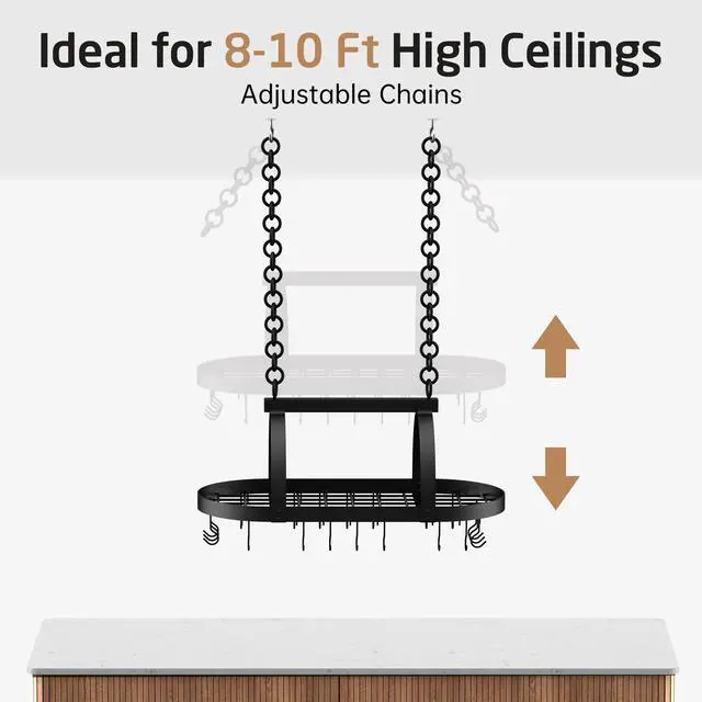 Alt view image 7 of 7 - Ceiling Pot Rack 34-Inch Hanging Pot Rack for Kitchen Oval Pot and Pan Rack Matte Black Pot Hanger with 20 S Hooks (For 16" and 24" Joist), KUR221S85-BK