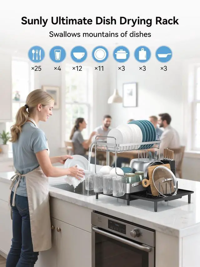 Alt view image 2 of 7 - 2 Tier Dish Drying Rack, Extra Large Dish Rack, Expandable Dish Racks for Kitchen Counter, Multifunctional Large Dish Drainers for Kitchen Counter, Black