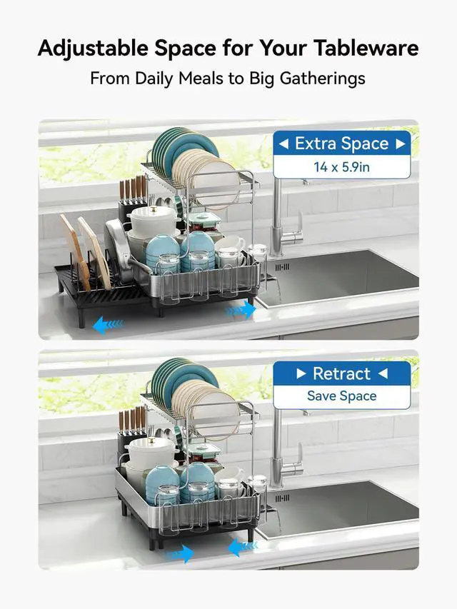 Alt view image 3 of 7 - 2 Tier Dish Drying Rack, Extra Large Dish Rack, Expandable Dish Racks for Kitchen Counter, Multifunctional Large Dish Drainers for Kitchen Counter, Black