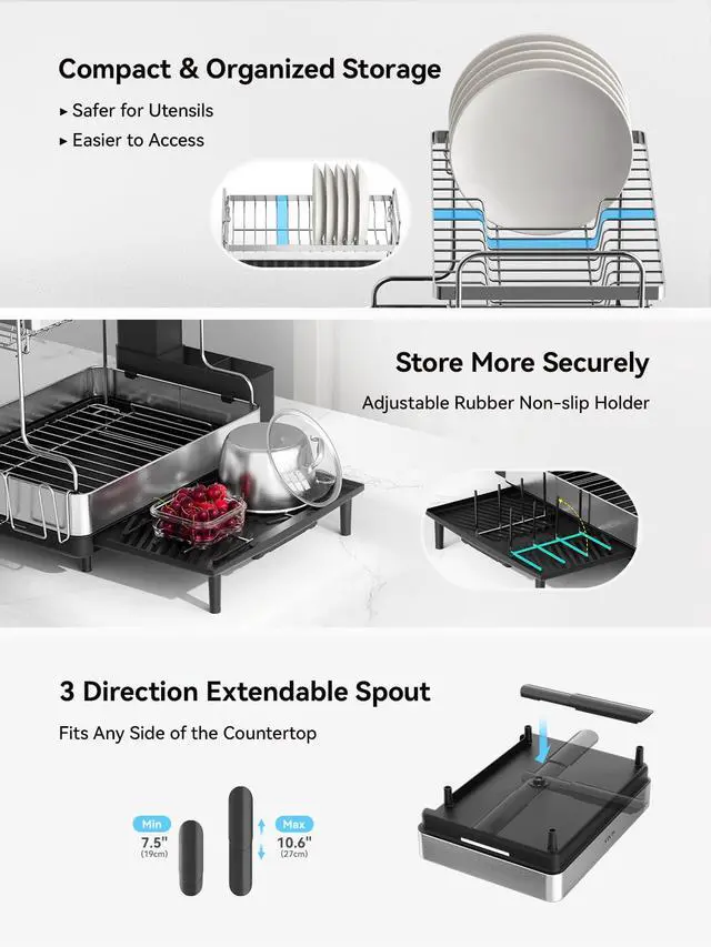 Alt view image 6 of 7 - 2 Tier Dish Drying Rack, Extra Large Dish Rack, Expandable Dish Racks for Kitchen Counter, Multifunctional Large Dish Drainers for Kitchen Counter, Black