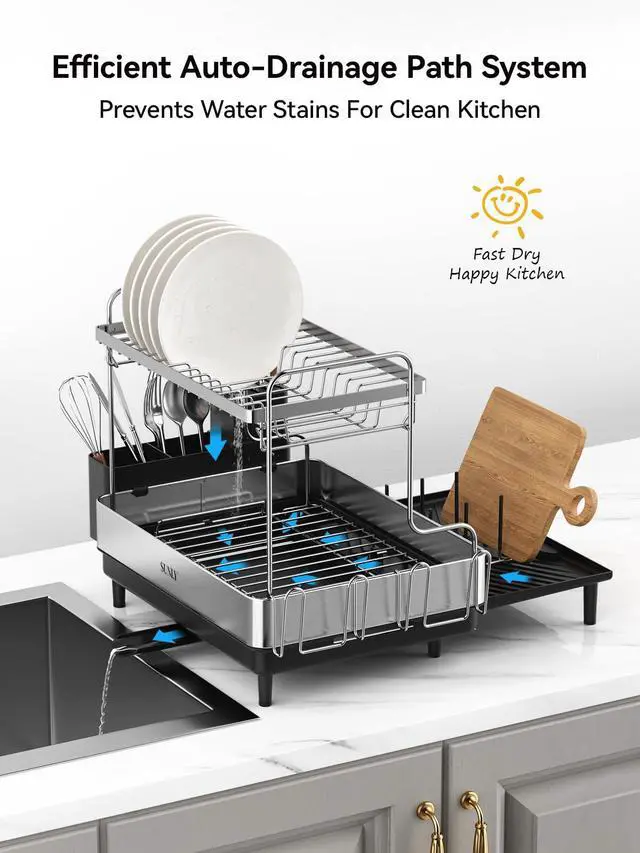 Alt view image 5 of 7 - 2 Tier Dish Drying Rack, Extra Large Dish Rack, Expandable Dish Racks for Kitchen Counter, Multifunctional Large Dish Drainers for Kitchen Counter, Black