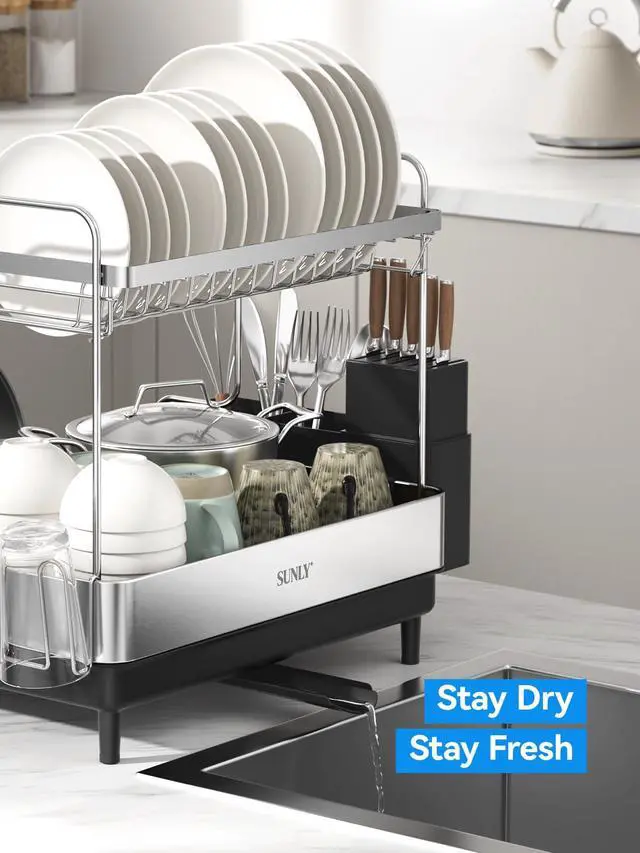 Alt view image 7 of 7 - 2 Tier Dish Drying Rack, Extra Large Dish Rack, Expandable Dish Racks for Kitchen Counter, Multifunctional Large Dish Drainers for Kitchen Counter, Black