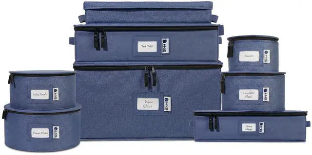 Main image of China Storage Hard Shell Containers 8-Piece Set Moving Boxes for Dinnerware, Glasses, Plates, Mugs and Saucers Sturdy Dish Organizer with Dividers for Seasonal Storage - Service for 12 - Denim Blue