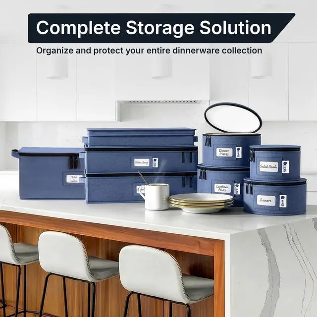 Alt view image 2 of 7 - China Storage Hard Shell Containers 8-Piece Set Moving Boxes for Dinnerware, Glasses, Plates, Mugs and Saucers Sturdy Dish Organizer with Dividers for Seasonal Storage - Service for 12 - Denim Blue