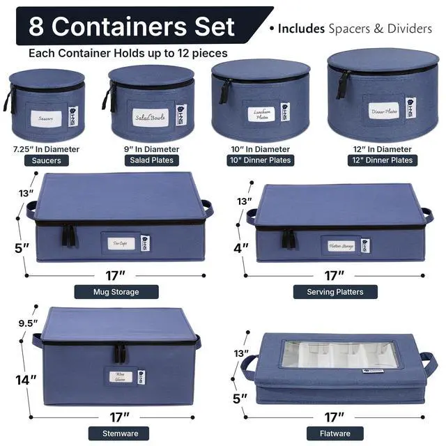Alt view image 3 of 7 - China Storage Hard Shell Containers 8-Piece Set Moving Boxes for Dinnerware, Glasses, Plates, Mugs and Saucers Sturdy Dish Organizer with Dividers for Seasonal Storage - Service for 12 - Denim Blue