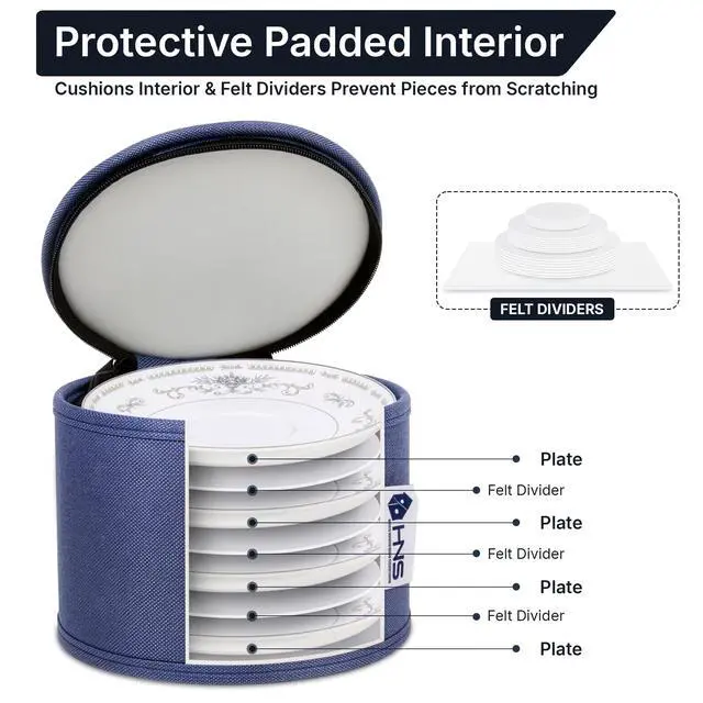 Alt view image 4 of 7 - China Storage Hard Shell Containers 8-Piece Set Moving Boxes for Dinnerware, Glasses, Plates, Mugs and Saucers Sturdy Dish Organizer with Dividers for Seasonal Storage - Service for 12 - Denim Blue