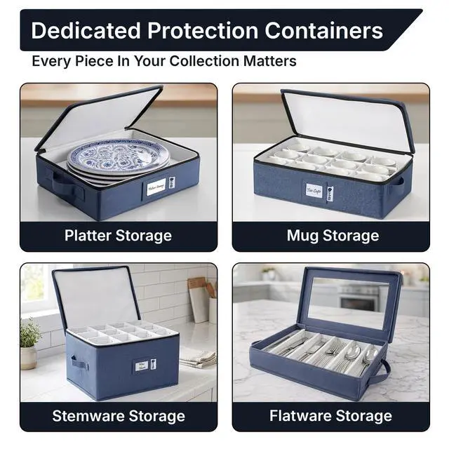 Alt view image 5 of 7 - China Storage Hard Shell Containers 8-Piece Set Moving Boxes for Dinnerware, Glasses, Plates, Mugs and Saucers Sturdy Dish Organizer with Dividers for Seasonal Storage - Service for 12 - Denim Blue