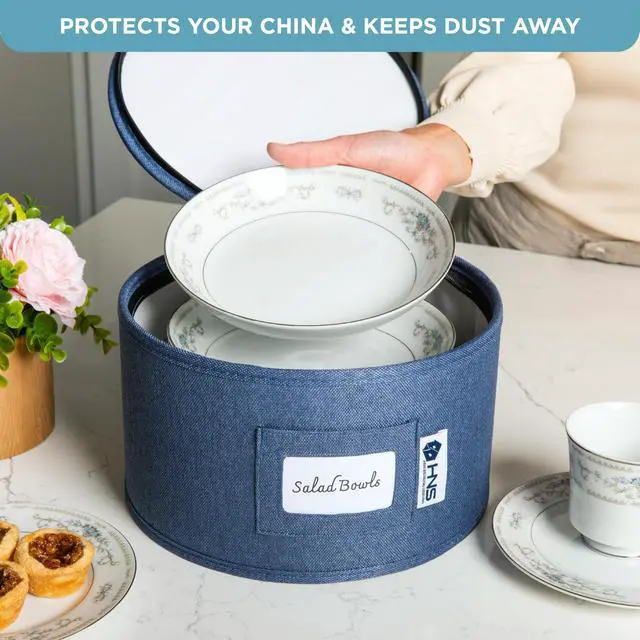 Alt view image 7 of 7 - China Storage Hard Shell Containers 8-Piece Set Moving Boxes for Dinnerware, Glasses, Plates, Mugs and Saucers Sturdy Dish Organizer with Dividers for Seasonal Storage - Service for 12 - Denim Blue