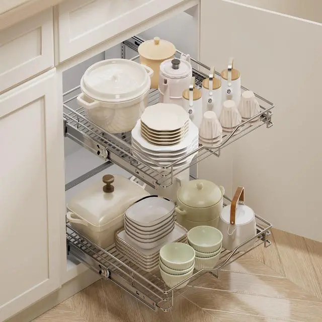 Alt view image 2 of 7 - Pull Out Cabinet Organizer (14" W X 21" D), Cabinet Pull Out Shelves, 2 Tier Pull Out Drawers for Kitchen Cabinets, Wire Basket Slide Out Shelf for Cabinet Organization in Kitchen, Pantry