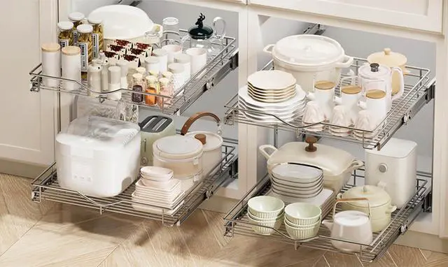 Alt view image 5 of 7 - Pull Out Cabinet Organizer (14" W X 21" D), Cabinet Pull Out Shelves, 2 Tier Pull Out Drawers for Kitchen Cabinets, Wire Basket Slide Out Shelf for Cabinet Organization in Kitchen, Pantry