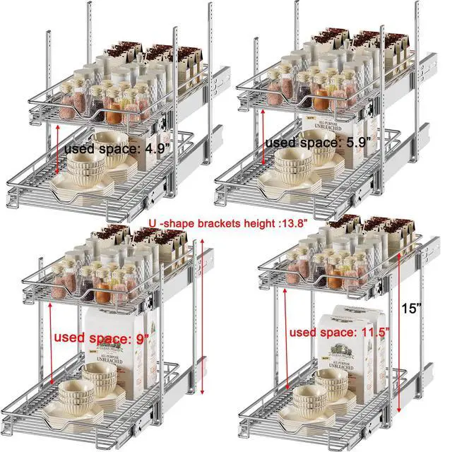 Alt view image 6 of 7 - Pull Out Cabinet Organizer (14" W X 21" D), Cabinet Pull Out Shelves, 2 Tier Pull Out Drawers for Kitchen Cabinets, Wire Basket Slide Out Shelf for Cabinet Organization in Kitchen, Pantry