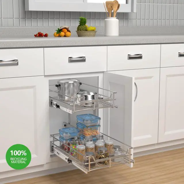 Alt view image 2 of 6 - 2-Tier Cabinet Pull Out Shelves (14" W x 22" D), Slide Out Shelves for Kitchen Cabinets, Metal Under Cabinet Roll Out Shelf