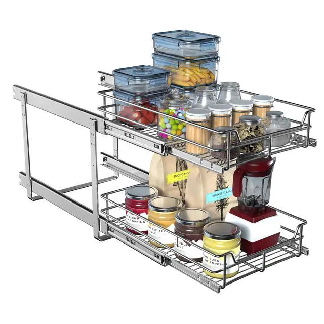 Alt view image 6 of 6 - 2-Tier Cabinet Pull Out Shelves (14" W x 22" D), Slide Out Shelves for Kitchen Cabinets, Metal Under Cabinet Roll Out Shelf