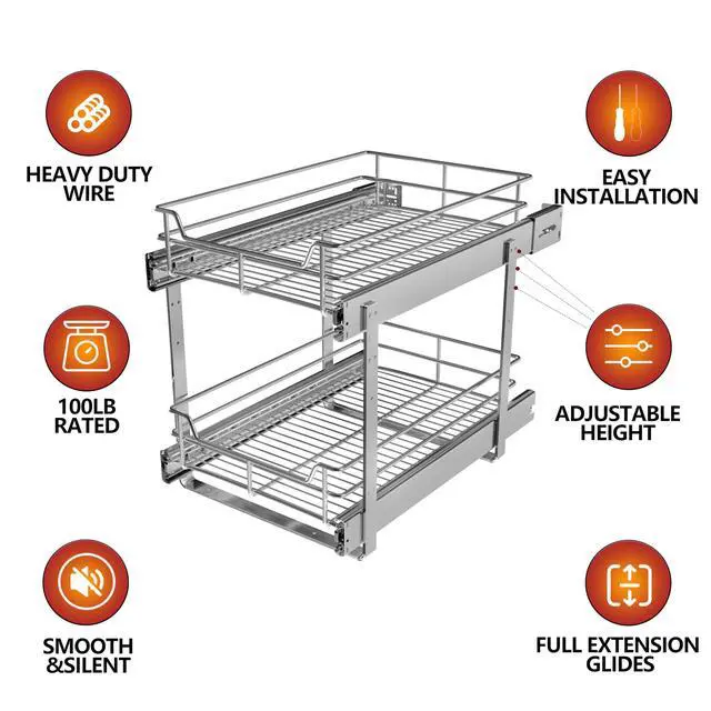 Alt view image 3 of 6 - 2-Tier Cabinet Pull Out Shelves (14" W x 22" D), Slide Out Shelves for Kitchen Cabinets, Metal Under Cabinet Roll Out Shelf