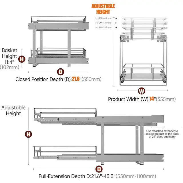 Alt view image 5 of 6 - 2-Tier Cabinet Pull Out Shelves (14" W x 22" D), Slide Out Shelves for Kitchen Cabinets, Metal Under Cabinet Roll Out Shelf