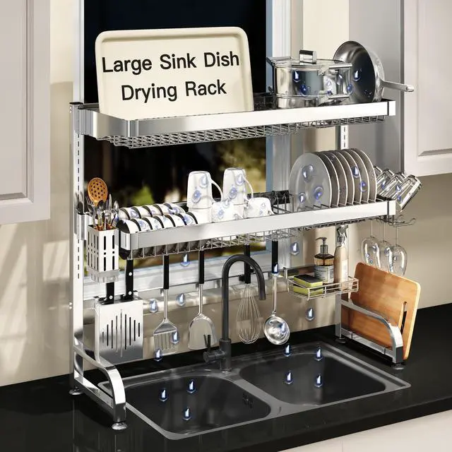 Main image of 3 Tier Extra Large Stainless Steel Expandable Over The Sink Dish Drainer Drying Rack, Rust Proof Metal, Space Saving, Modern Silver Big Capacity Extendable Plate Strainers Kitchen Counter