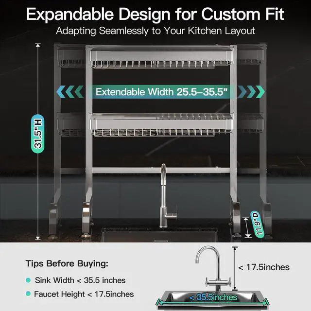 Alt view image 2 of 7 - 3 Tier Extra Large Stainless Steel Expandable Over The Sink Dish Drainer Drying Rack, Rust Proof Metal, Space Saving, Modern Silver Big Capacity Extendable Plate Strainers Kitchen Counter