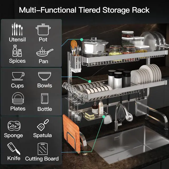 Alt view image 5 of 7 - 3 Tier Extra Large Stainless Steel Expandable Over The Sink Dish Drainer Drying Rack, Rust Proof Metal, Space Saving, Modern Silver Big Capacity Extendable Plate Strainers Kitchen Counter