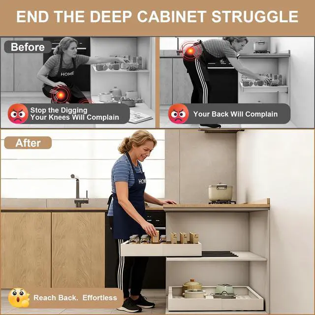 Alt view image 4 of 7 - Pull out Cabinet Organizer,Width (23"-31") and Depth (17"-24") Expandable With 5 Rails,No Drill Adjustable Slide out Drawers for Kitchen,Pantry,Adhesive Roll out Shelves,for Cabinets Without Lip,White