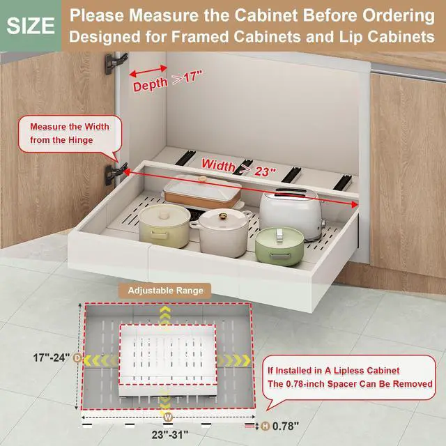 Alt view image 6 of 7 - Pull out Cabinet Organizer,Expandable Width(23"-31"),Depth(17"-24") with 5 Rails,Roll out Drawers,No Drill Adjustable Slide out Shelves for Kitchen,Pantry,for Both Lip and Lip-Free Cabinets,White(1PC)