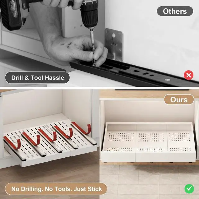 Alt view image 5 of 7 - Pull out Cabinet Organizer,Expandable Width(23"-31"),Depth(17"-24") with 5 Rails,Roll out Drawers,No Drill Adjustable Slide out Shelves for Kitchen,Pantry,for Both Lip and Lip-Free Cabinets,White(1PC)