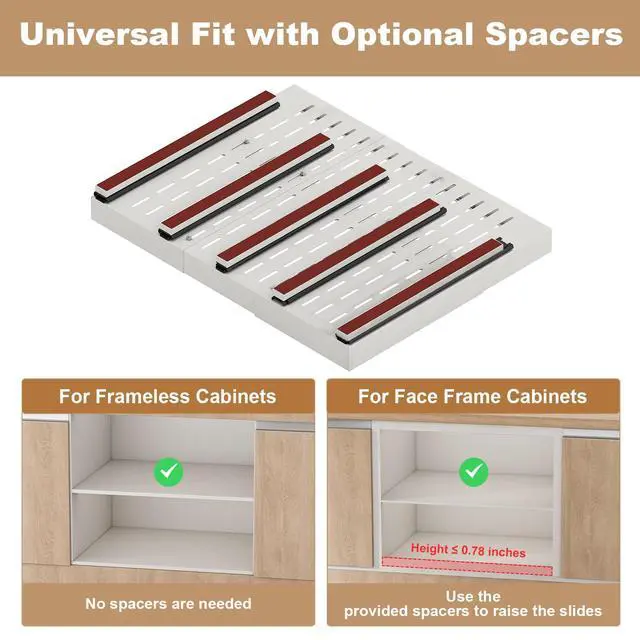 Alt view image 7 of 7 - Pull out Cabinet Organizer,Expandable Width(23"-31"),Depth(17"-24") with 5 Rails,Roll out Drawers,No Drill Adjustable Slide out Shelves for Kitchen,Pantry,for Both Lip and Lip-Free Cabinets,White(1PC)