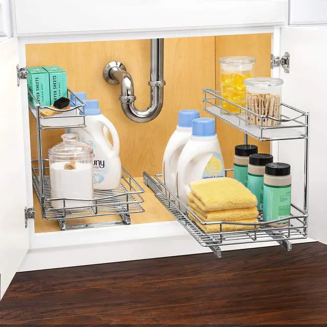 Alt view image 2 of 7 - Pull Out Under Sink Kitchen Cabinet Organizer - 11.5 in. x 21 inch deep Drawer - Sliding Shelf Organizer for Cabinets and Undersink Storage Shelves - Lifetime Ltd. Warranty Chrome