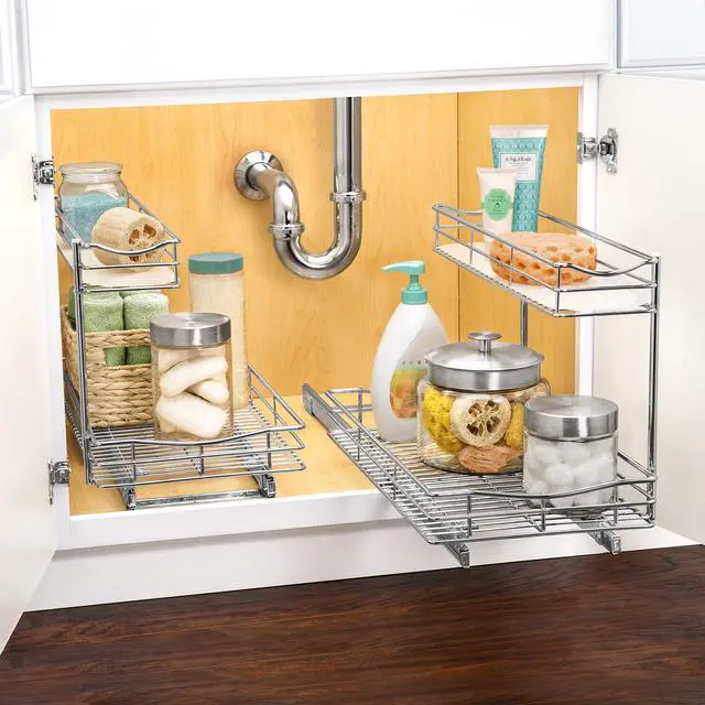 Alt view image 6 of 7 - Pull Out Under Sink Kitchen Cabinet Organizer - 11.5 in. x 21 inch deep Drawer - Sliding Shelf Organizer for Cabinets and Undersink Storage Shelves - Lifetime Ltd. Warranty Chrome