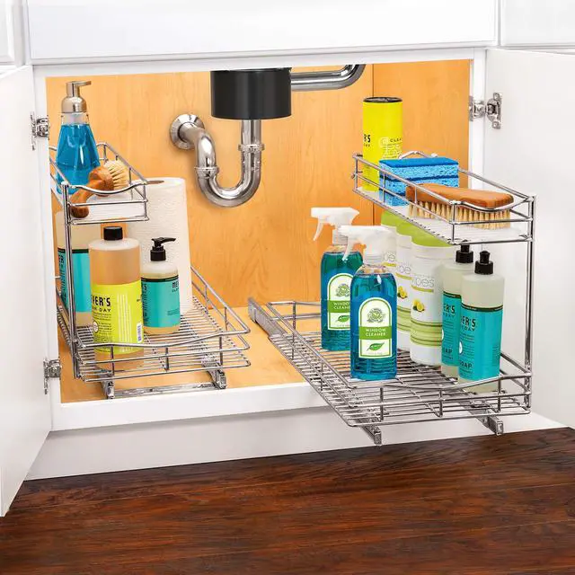 Alt view image 7 of 7 - Pull Out Under Sink Kitchen Cabinet Organizer - 11.5 in. x 21 inch deep Drawer - Sliding Shelf Organizer for Cabinets and Undersink Storage Shelves - Lifetime Ltd. Warranty Chrome