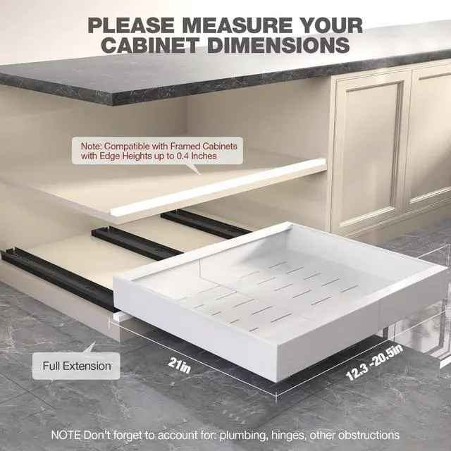 Alt view image 2 of 7 - 4 Pack Pull Out Cabinet Organizer 21" Deep,Full Extension 3 Slide Rails Slide Out Drawers With Raising Pad for Framed Cabinets,Expandable Width (12.3"-20.5"),No Drill Roll Out Shelves,White