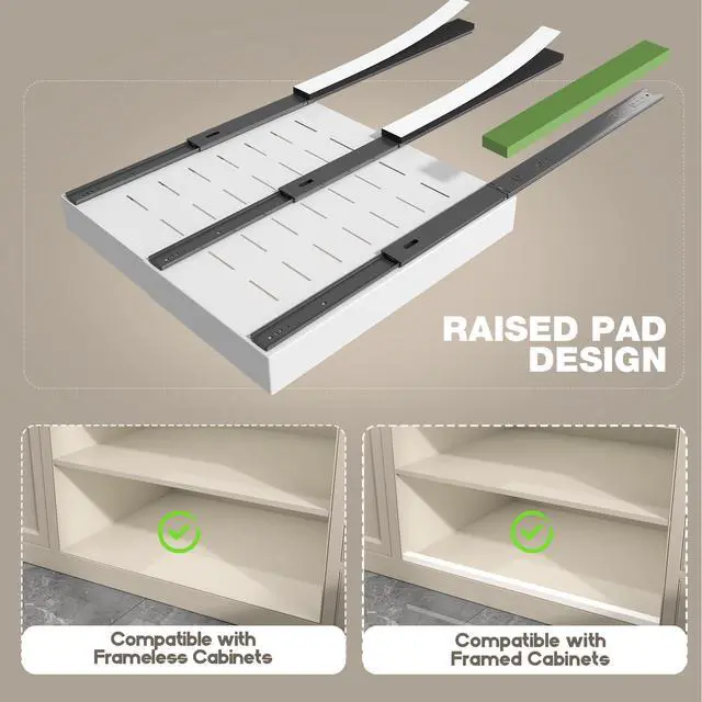 Alt view image 3 of 7 - 4 Pack Pull Out Cabinet Organizer 21" Deep,Full Extension 3 Slide Rails Slide Out Drawers With Raising Pad for Framed Cabinets,Expandable Width (12.3"-20.5"),No Drill Roll Out Shelves,White
