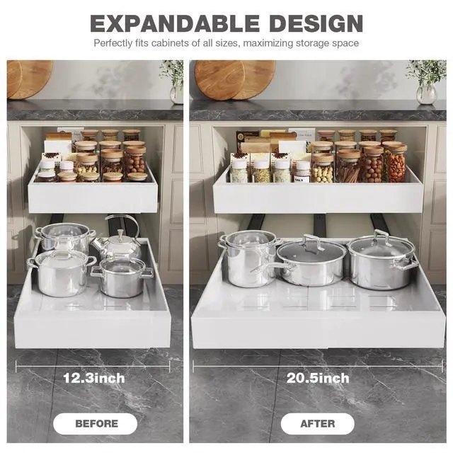 Alt view image 6 of 7 - 4 Pack Pull Out Cabinet Organizer 21" Deep,Full Extension 3 Slide Rails Slide Out Drawers With Raising Pad for Framed Cabinets,Expandable Width (12.3"-20.5"),No Drill Roll Out Shelves,White