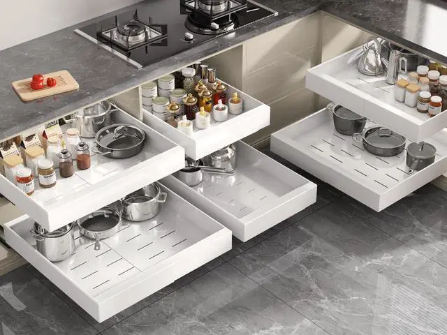Alt view image 7 of 7 - 4 Pack Pull Out Cabinet Organizer 21" Deep,Full Extension 3 Slide Rails Slide Out Drawers With Raising Pad for Framed Cabinets,Expandable Width (12.3"-20.5"),No Drill Roll Out Shelves,White