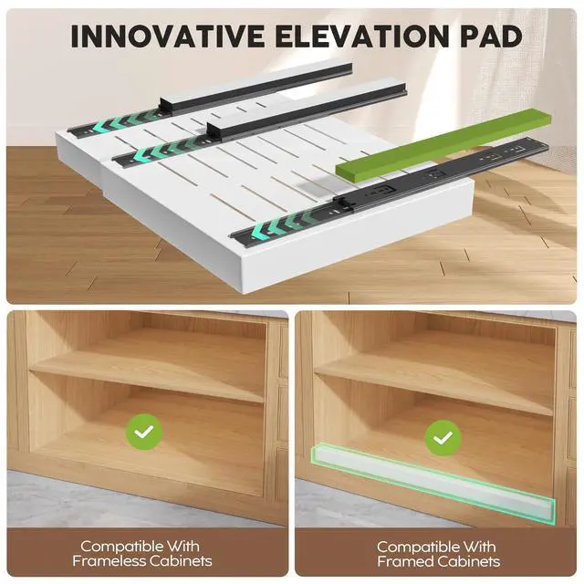 Alt view image 2 of 7 - 2 Pack Pull Out Cabinet Organizers 21" Deep With Raising Pad for Framed Cabinets, Expandable Width (15.2"-26.3") Slide Out Drawers Upgrade 3 Slide Rails, Roll Out Shelves Adhesive, White