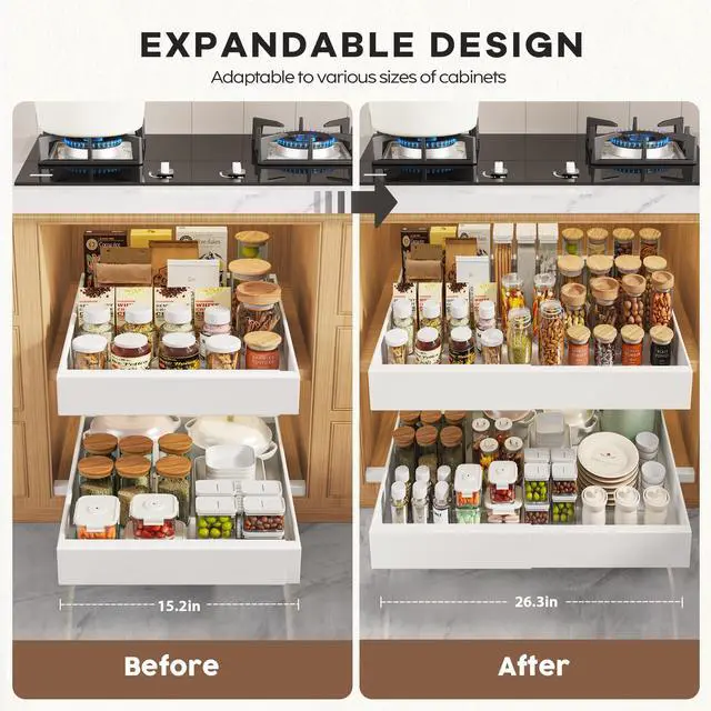 Alt view image 3 of 7 - 2 Pack Pull Out Cabinet Organizers 21" Deep With Raising Pad for Framed Cabinets, Expandable Width (15.2"-26.3") Slide Out Drawers Upgrade 3 Slide Rails, Roll Out Shelves Adhesive, White