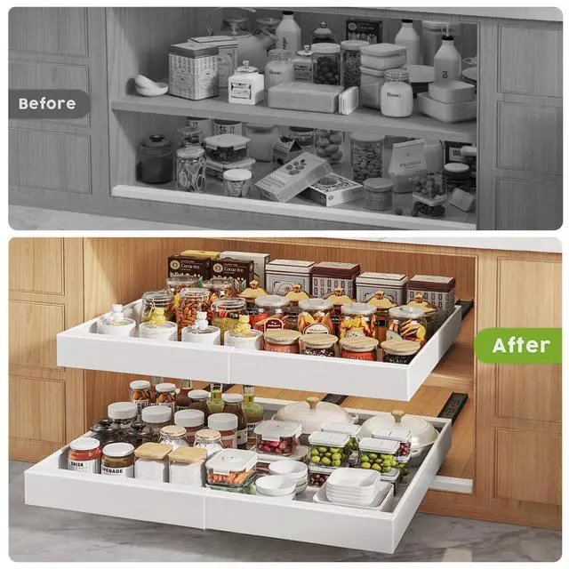 Alt view image 6 of 7 - 2 Pack Pull Out Cabinet Organizers 21" Deep With Raising Pad for Framed Cabinets, Expandable Width (15.2"-26.3") Slide Out Drawers Upgrade 3 Slide Rails, Roll Out Shelves Adhesive, White
