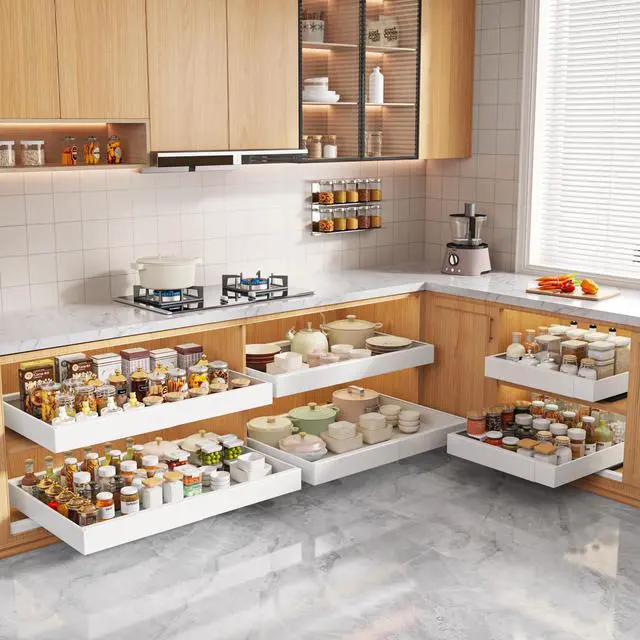 Alt view image 7 of 7 - 2 Pack Pull Out Cabinet Organizers 21" Deep With Raising Pad for Framed Cabinets, Expandable Width (15.2"-26.3") Slide Out Drawers Upgrade 3 Slide Rails, Roll Out Shelves Adhesive, White